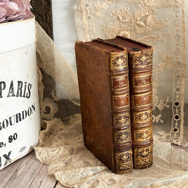 Set of 2 Antique French Leather Bound Books - Bookshelf Decor - 18th Century