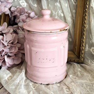 Vintage French Pink Enamel Canister - Enamel Storage Jar/Pot - Shabby Chic Decor