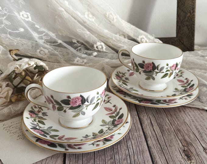 Set of 2 Vintage Wedgwood "Hathaway Rose" Tea Cup Trios