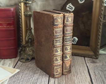 Set of 2 Antique French Leather Bound Books - Bookshelf Decor - 17th 18th Century