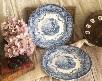 Pair of Vintage Copeland England Ironstone Dinner Plates - Blue Transferware - Kitchen Decoration