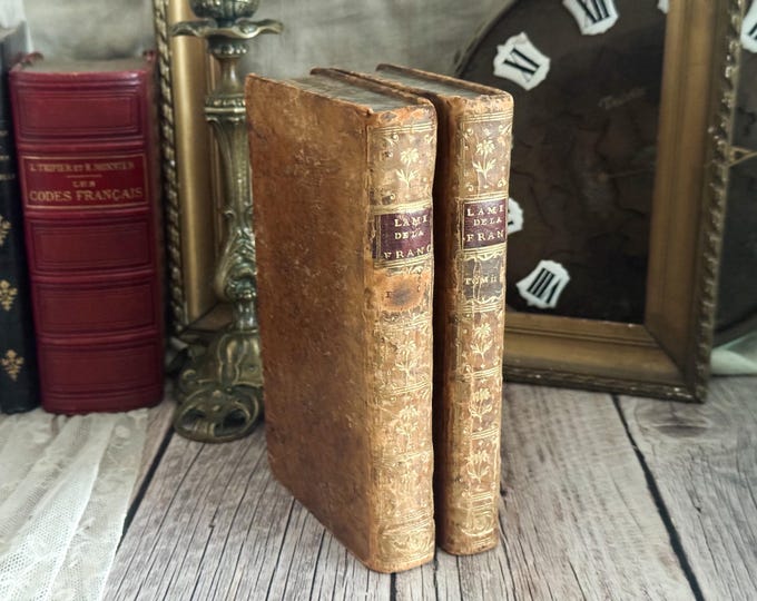 Set of 2 Antique French Leather Bound Books - Bookshelf Decor - 18th Century