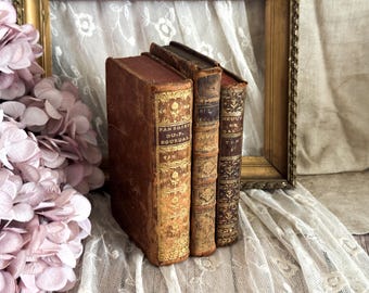 Set of 3 Antique French Leather Bound Books - Bookshelf Decor - 18th Century