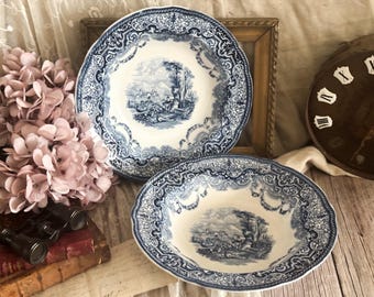 Pair of Vintage Copeland England Ironstone Soup Plates - Blue Transferware - Kitchen Decoration