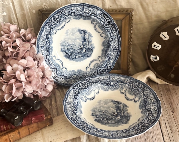 Pair of Vintage Copeland England Ironstone Soup Plates - Blue Transferware - Kitchen Decoration