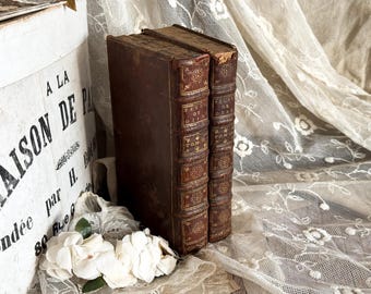 Set of 2 Antique French Leather Bound Books - Bookshelf Decor - 18th Century