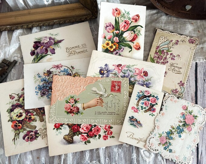 Set of 10 French Floral Postcards & Paper Ephemera - 1900's - 20th Century - Junk Journal - Scrapbooking - Collage - Set 3