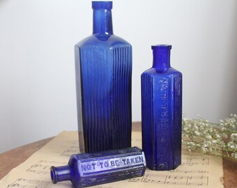 Set of 3 Antique Victorian Cobalt Pharmacy Glass Bottle - Mismatched - Not To Be Taken - Poison Bottle