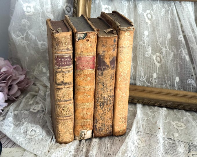 Set of 4 Antique French Leather Bound Books - Bookshelf Decor