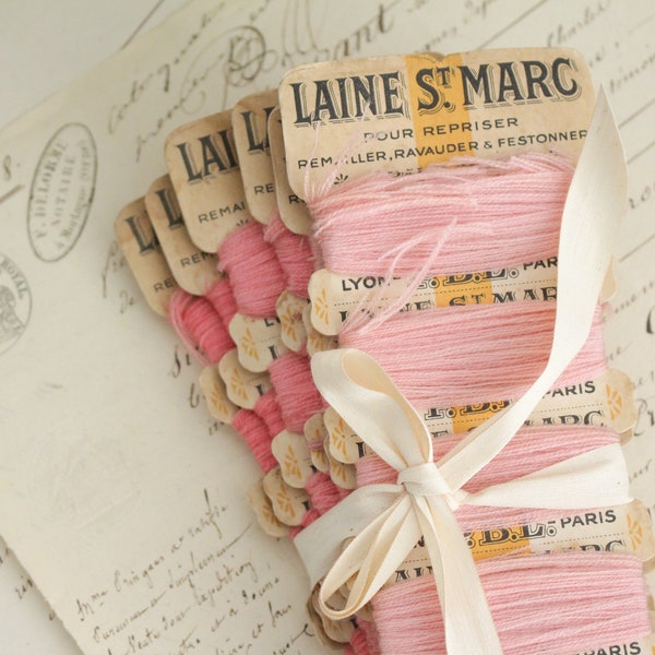 Set of 6 Vintage French Pink Wool Thread Bobbins - Haberdashery Set - Shabby Chic Decor