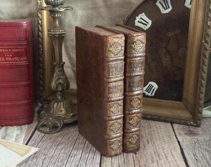 1690's Set of 2 Antique French Leather Bound Books - 17th Century - Bookshelf Decor