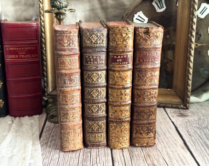 Set of 4 Antique French Leather Bound Books - Bookshelf Decor - 18th Century - 1700s