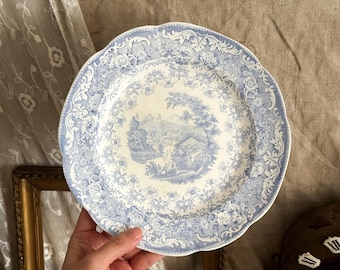 Vintage Swedish Rostrand Ironstone Dinner Plate - Blue Transferware - Kitchen Decoration