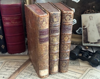 Set of 3 Antique French Leather Bound Books - Bookshelf Decor - 18th Century - 1700s
