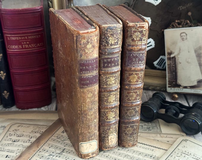 Set of 3 Antique French Leather Bound Books - Bookshelf Decor - 18th Century - 1700s