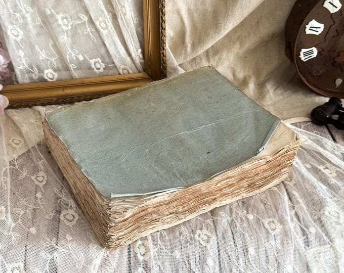 Antique French Large Blue Paperback Book with Ruffled Pages - 19th Century - Bookshelf Decor - Rag Paper