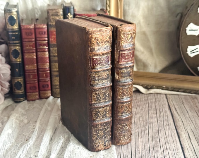 Set of 2 Antique French Leather Bound Books - Bookshelf Decor - 18th Century