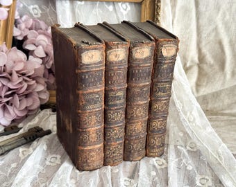 Set of 4 Antique French Leather Bound Books - Bookshelf Decor