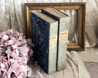 Set of 2 Antique French Hardback Books with Ruffled Pages - 19th Century - Rag Paper