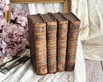 1720's Set of 4 Antique French Leather Bound Books - Bookshelf Decor