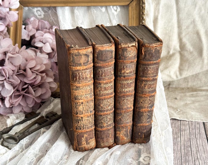 1720's Set of 4 Antique French Leather Bound Books - Bookshelf Decor