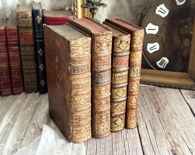 Set of 4 Antique French Leather Bound Books - Bookshelf Decor - 18th Century - 1700s