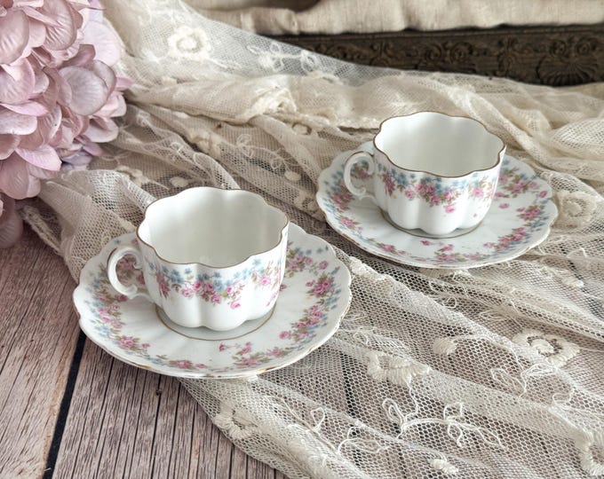 Set of 2 Antique French Porcelain Demitasse Cups and Saucers