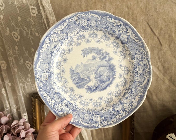 Vintage Swedish Rostrand Ironstone Dinner Plate - Blue Transferware - Kitchen Decoration