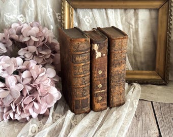 Set of 3 Antique French Leather Bound Books - Bookshelf Decor - 18th Century