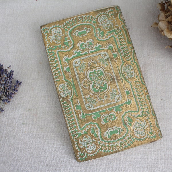 Antique French Green Romantic Gilt Book - 19th Century - 1859 - Shabby Chic - Gilded Book