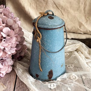 Vintage French Blue Enamel Pail - Rustic Farmhouse Home Decor
