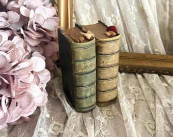 Set of 2 Small Antique French Leather Bound Books 19th Century - Bookshelf Decor