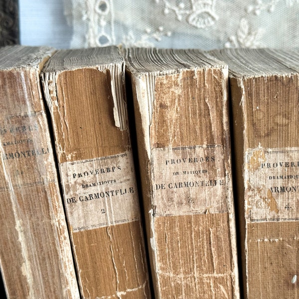 Set of 4 Antique French Paperback Books with Ruffled Pages - 19th Century - Rag Paper