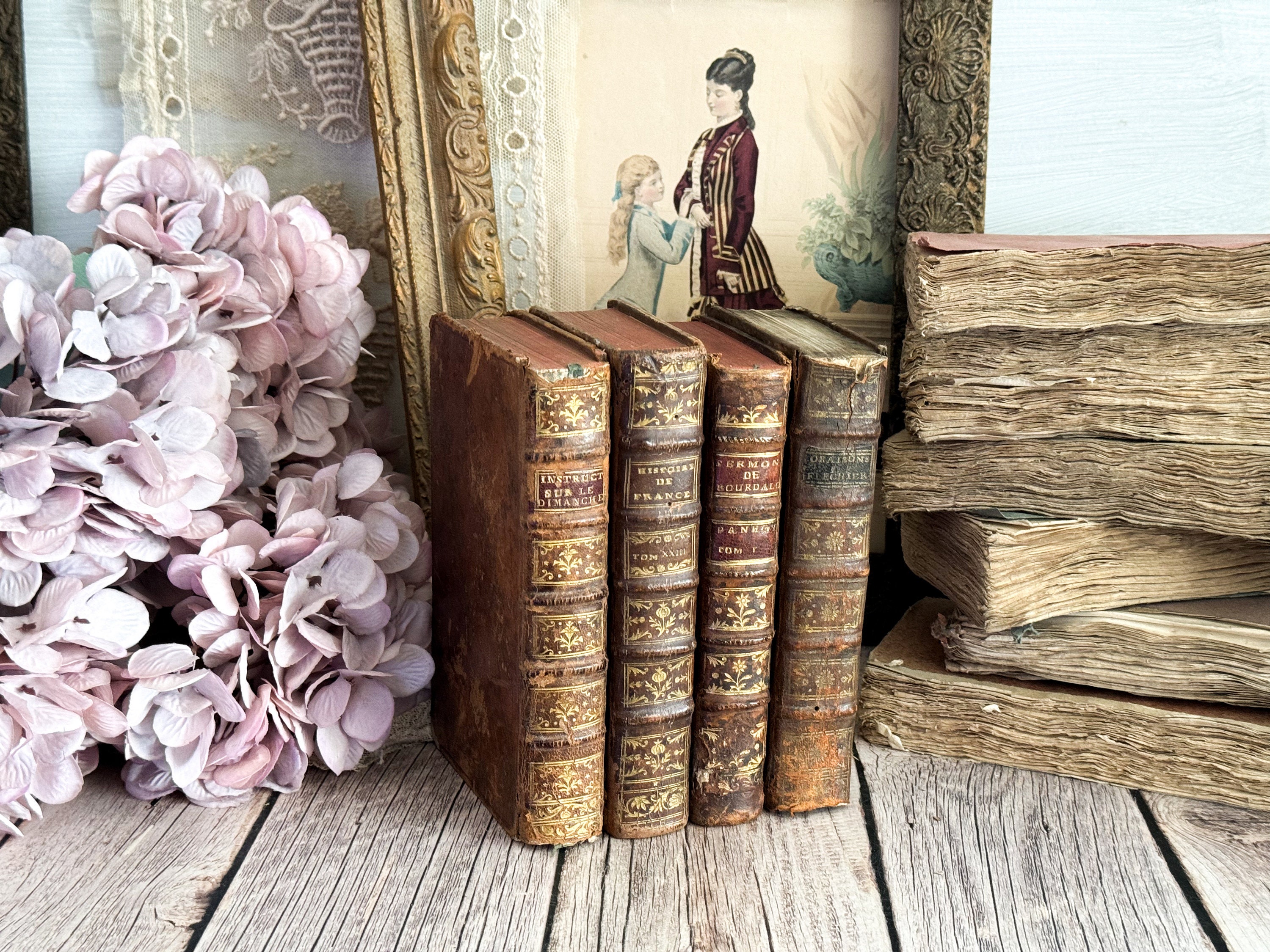 Shabby Pink Old French Book Set. Set of 4 Antique French Leather