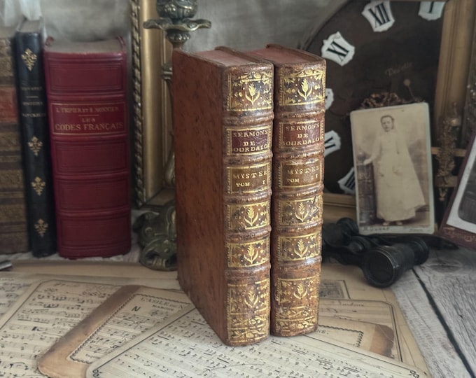 Set of 2 Antique French Leather Bound Books - Bookshelf Decor - 18th Century