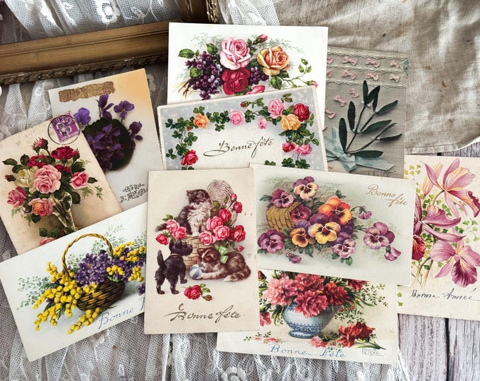 Set of 10 French Floral Postcards - 1900's - 20th Century - Junk Journal - Scrapbooking - Collage - Set 1
