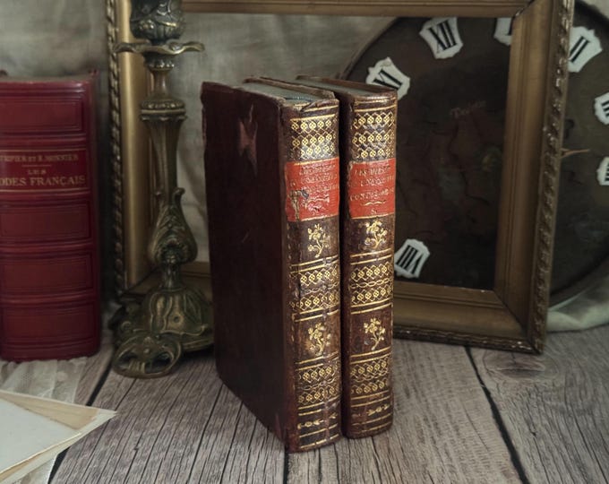 Set of 2 Antique French Leather Bound Books - Bookshelf Decor - 18th Century - The Thousand and One Nights