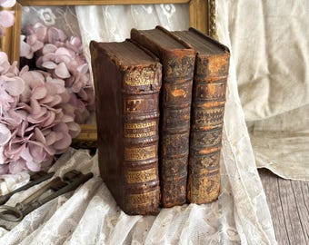 Set of 3 Antique French Leather Bound Books - Bookshelf Decor - 18th Century