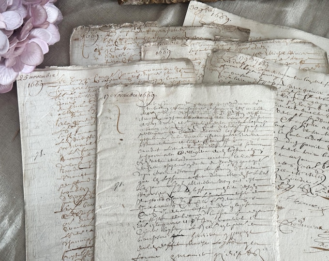 Set of Antique French Legal Handwritten Paper - Vintage Ephemera - 17th Century - 1600s