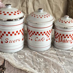 Set of 3 Vintage French White & Red Enamel Canisters - Kitchen Decor - Kitchen Storage - Shabby Chic