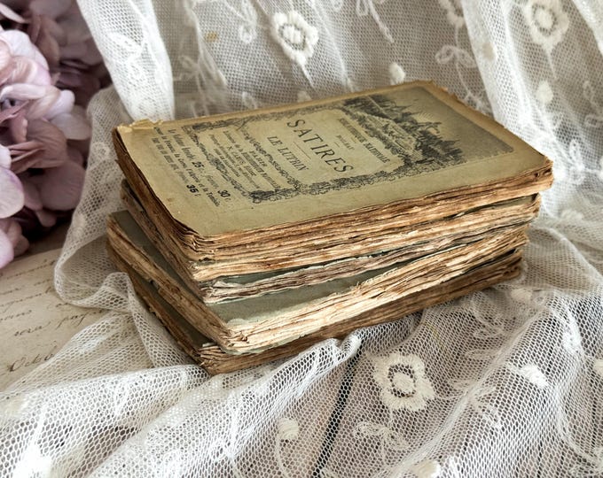 Set of 5 Antique French Small Paperback Books with Ruffled Pages - 19th Century - Decorative Book Bundle