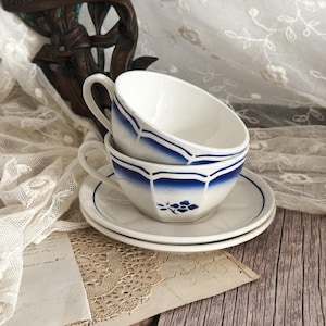 Pair of Vintage French Ironstone Cups & Saucers - Badonviller - Coffee Cup - Tea Cup - Set C