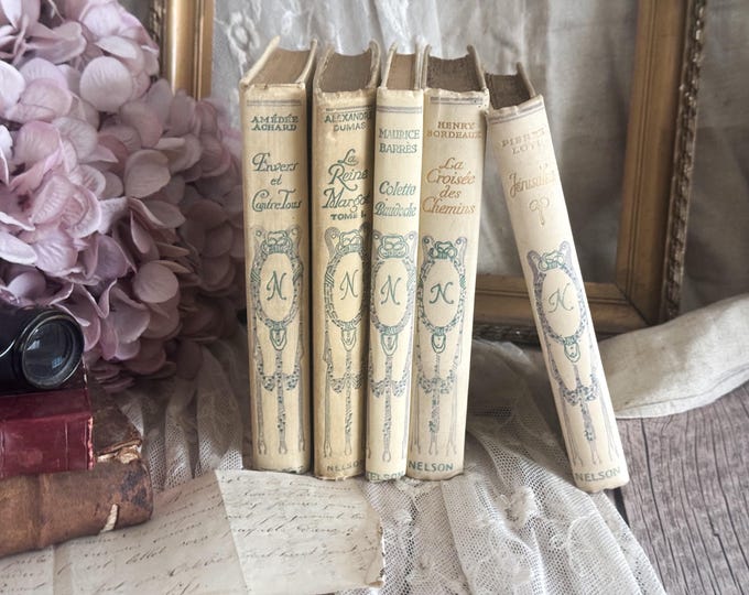 Set of 5 Vintage French Nelson Books - Book Bundle - Shabby Chic - Decorative Books - Bookshelf Decor