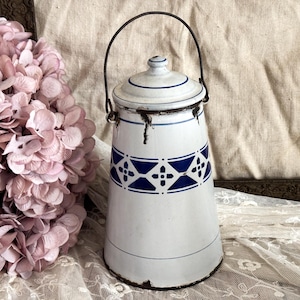 Vintage French White Enamel Pail - Rustic Farmhouse Home Decor