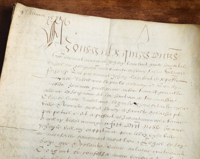1584 Antique French Legal Handwritten Document - Parchment - Vintage Ephemera