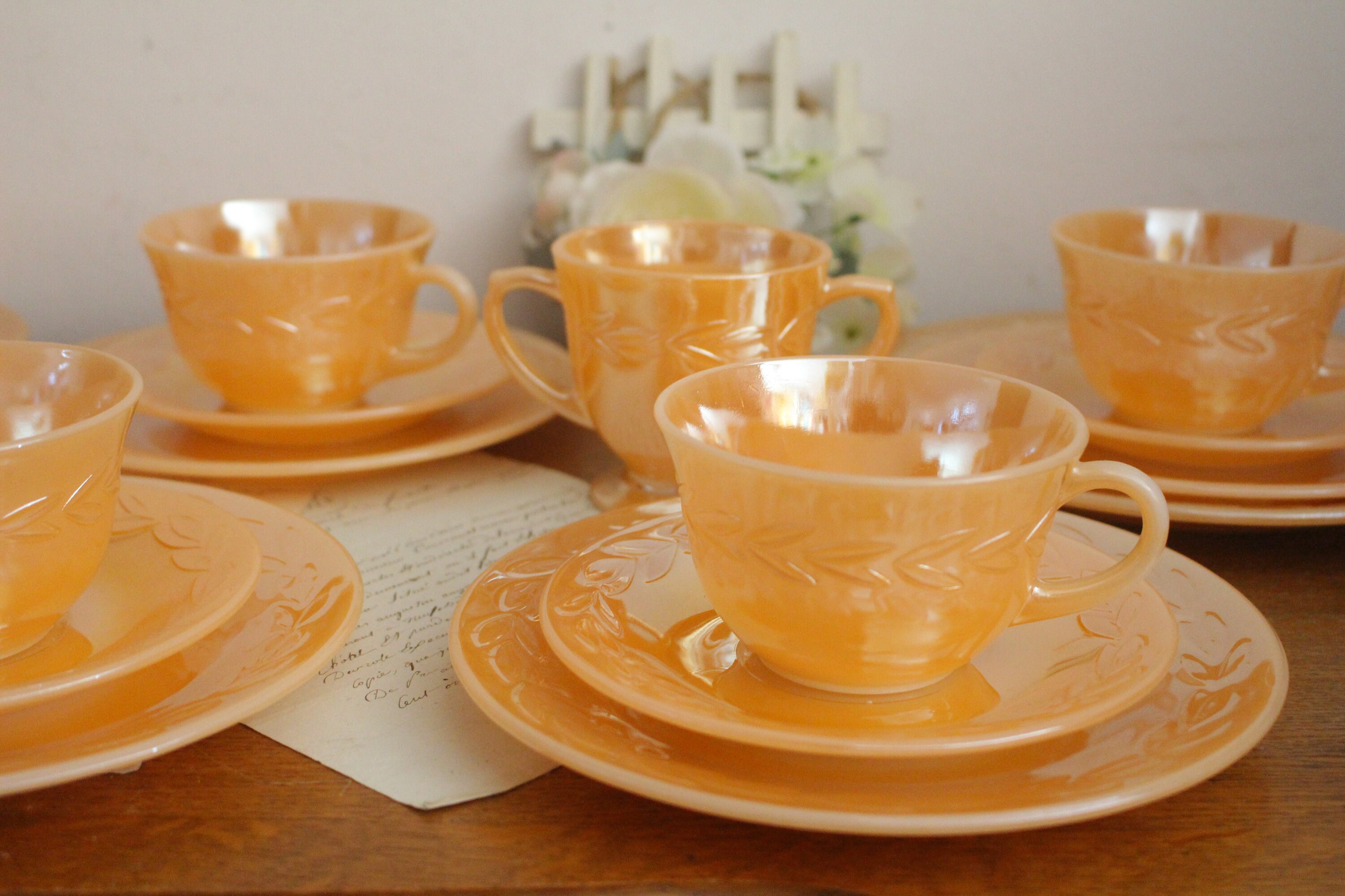 Set de Tasse à Thé Vintage Fire King Peach Lustre - 20 Pièces