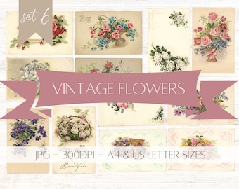 Vintage Flower Postcards - Paper Ephemera - Digital Download - Printable - Junk Journal - Collage - Set 6