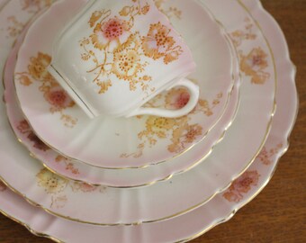 Antique Edwardian Pink Bone China Teacup and Saucer with Plates - Blairs China England