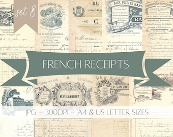 Antique French Receipts - Digital Download - Printable - Junk Journal - Collage - Set 8