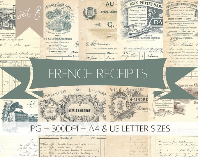 Antique French Receipts - Digital Download - Printable - Junk Journal - Collage - Set 8